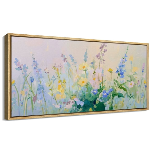 Large Framed Canvas Print Wildflower Meadow ImpressionistWall Art Decorative Ready to Hang Painting for Living room Bedroom 60x30 inches Natural Frame