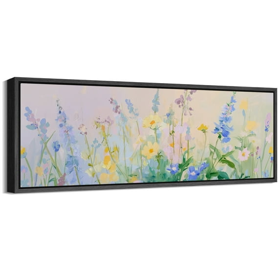 Large Framed Canvas Print Wildflower Meadow ImpressionistWall Art Decorative Ready to Hang Painting for Living room Bedroom 60x20 inches Black Frame