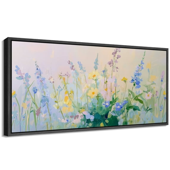 Large Framed Canvas Print Wildflower Meadow ImpressionistWall Art Decorative Ready to Hang Painting for Living room Bedroom 60x30 inches Black Frame