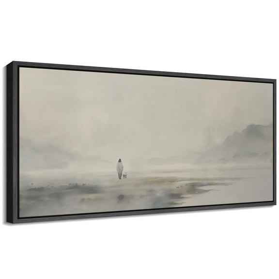 Large Framed Canvas Print A lonely figure walking through the quiet landscape Wall Art Decorative Ready to Hang Painting for Living room Bedroom - 60"x30" Black Frame