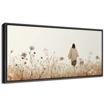 Large Framed Canvas Print A solitary figure walking through the reed marshes Wall Art Decorative Ready to Hang Painting for Living room Bedroom - 60"x30" Black Frame