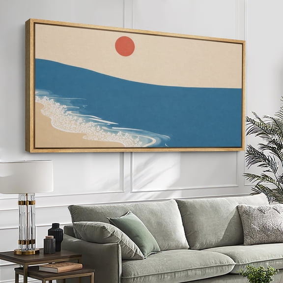 Large Framed Canvas Wall Art Abstract Beach Landscape Print for Living Room Decoration - 60"x30" Natural Frame