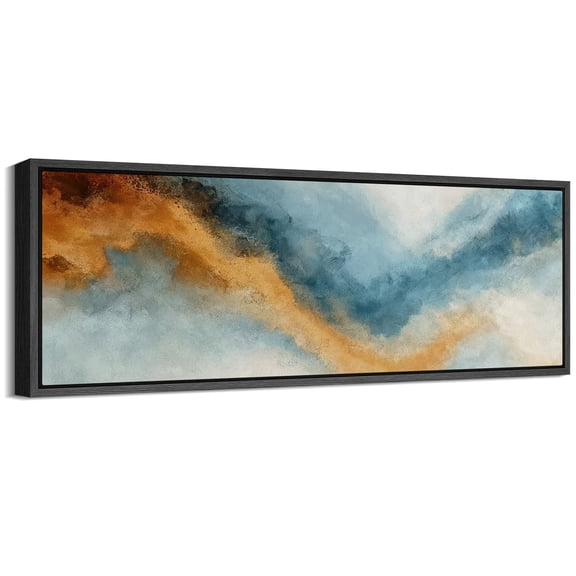 Large Framed Canvas Wall Art Abstract Blue Gold Waves Print for Living Room Decoration - 60"x20" Black Framed