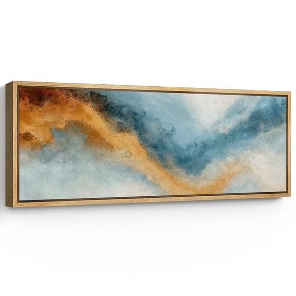 Large Framed Canvas Wall Art Abstract Blue Gold Waves Print for Living Room Decoration - 60"x20" Natural Framed
