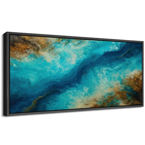 Large Framed Canvas Wall Art Abstract Blue Ocean Print for Living Room Decoration - 60"x30" Black Framed