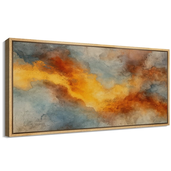 Large Framed Canvas Wall Art Abstract Blue Orange Gold Waves Print for Living Room Decoration - 60"x30" Natural Framed