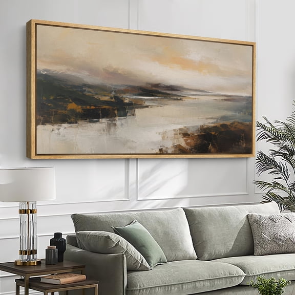 Large Framed Canvas Wall Art Abstract Coastal River Landscape Print for Living Room Decoration - 60"x30" Natural Frame