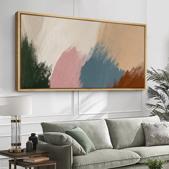 Large Framed Canvas Wall Art Abstract Colorblock Modern Print for Living Room Decoration - 60"x30" Natural Frame