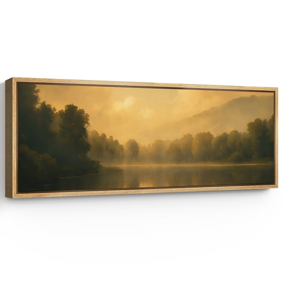 Large Framed Canvas Wall Art Abstract Lake Mountain Landscape Print for Vintage Living Room Decoration - 60"x20" Natural Framed