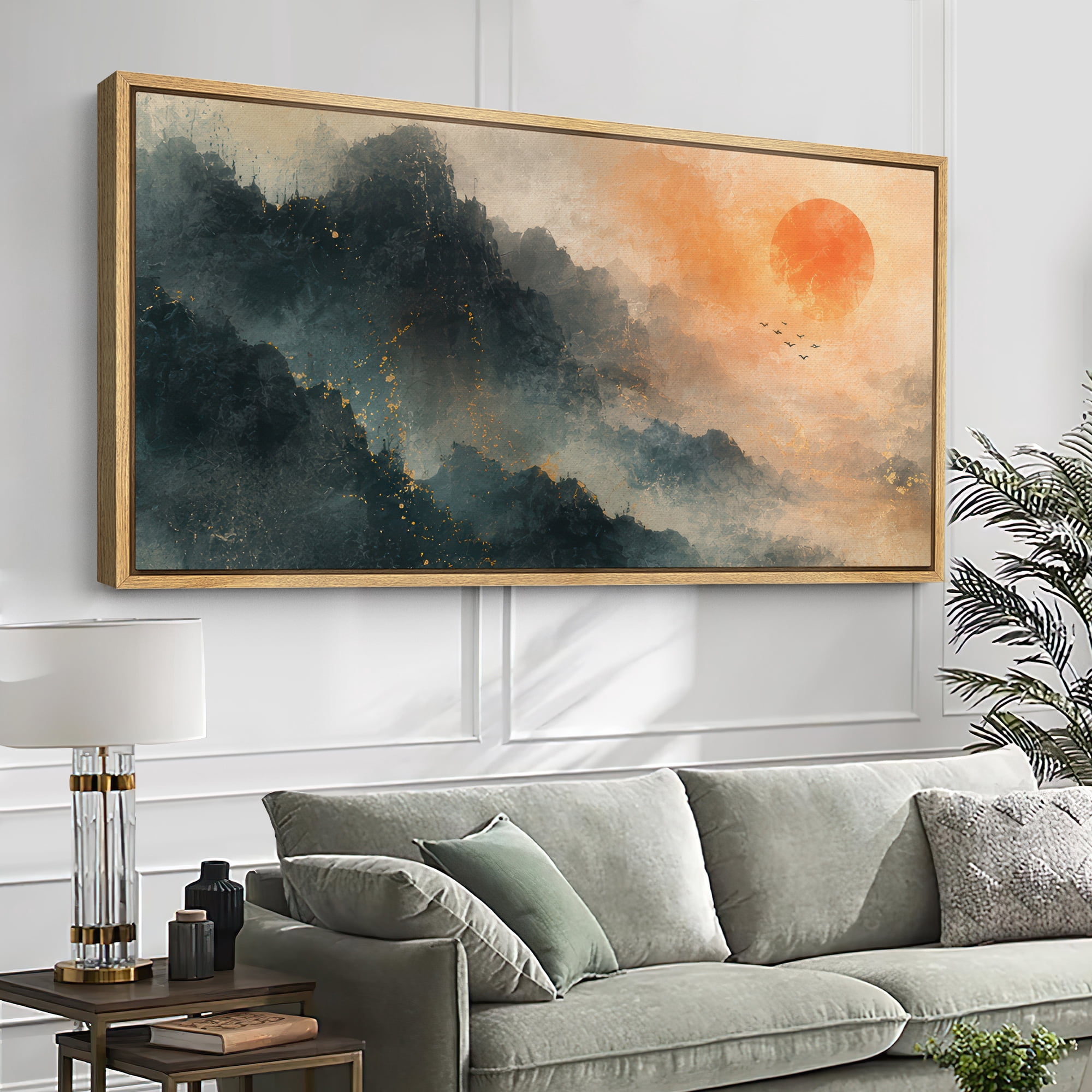 Large Framed Canvas Wall Art Abstract Misty Forest Mountain Sunset ...