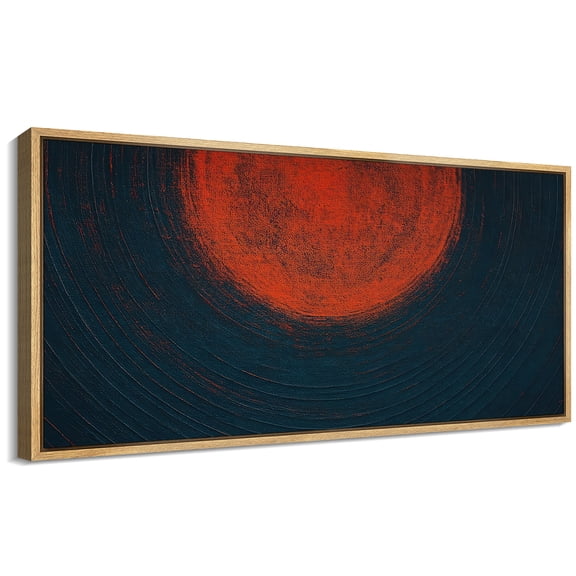 Large Framed Canvas Wall Art Abstract Red Moon Print for Modern Living Room Decoration - 60"x30" Natural Framed