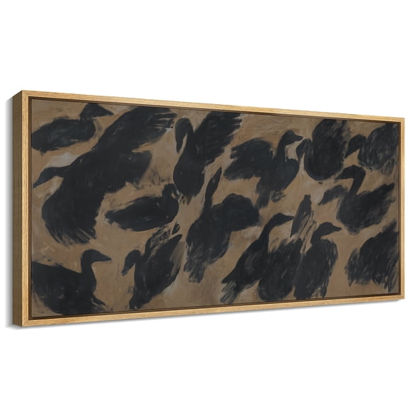 Large Framed Canvas Wall Art Abstract Swans Vintage Print for Living Room Decoration - 60"x30" Natural Framed