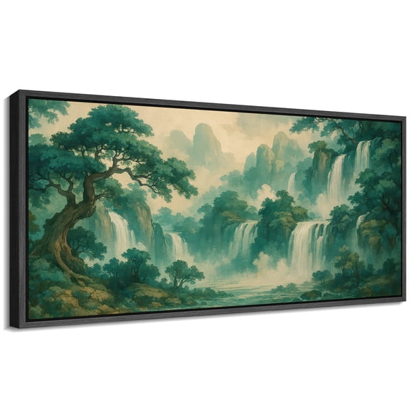 Large Framed Canvas Wall Art Abstract Waterfall Spring Landscape Print for Japandi Living Room Decoration - 60"x30" Black Framed