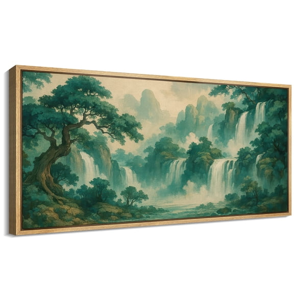 Large Framed Canvas Wall Art Abstract Waterfall Spring Landscape Print for Japandi Living Room Decoration - 60"x30" Natural Framed