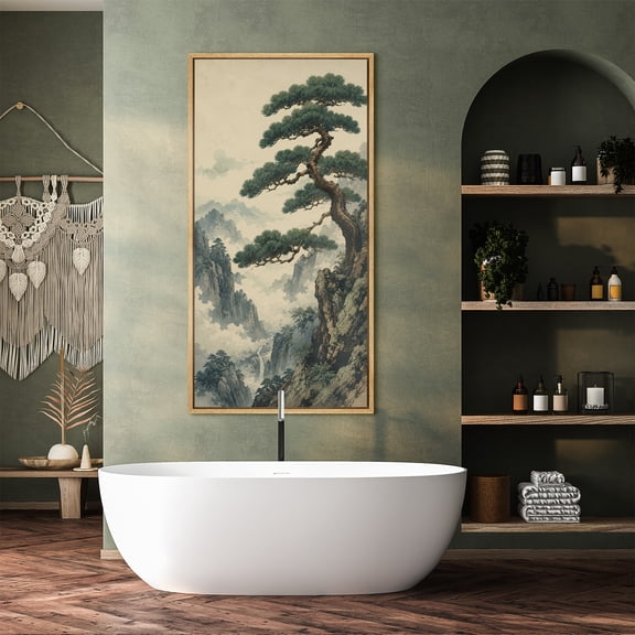 Large Framed Canvas Wall Art Asian Pine Tree Mountain Valley Landscape Print for Living Room Decoration - 60"x30" Natural Frame