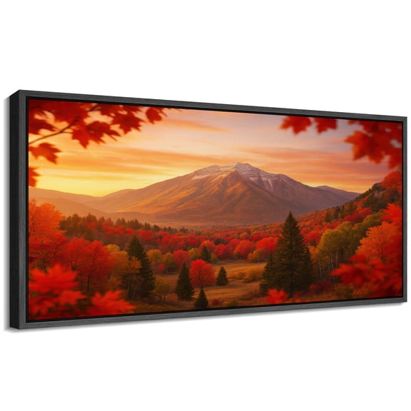 Large Framed Canvas Wall Art Autumn Forest and Mountain Landscape Print for Living Room Decoration - 60"x30" Black Framed