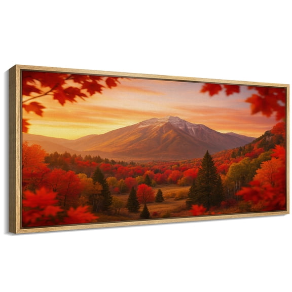 Large Framed Canvas Wall Art Autumn Forest and Mountain Landscape Print for Living Room Decoration - 60"x30" Natural Framed