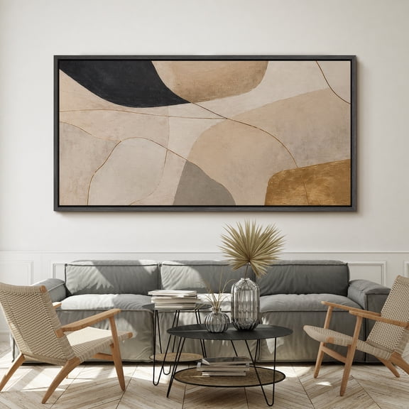 Large Framed Canvas Wall Art Beige Geometric Abstract Print for Living Room Decoration - 60"x30" Black Frame