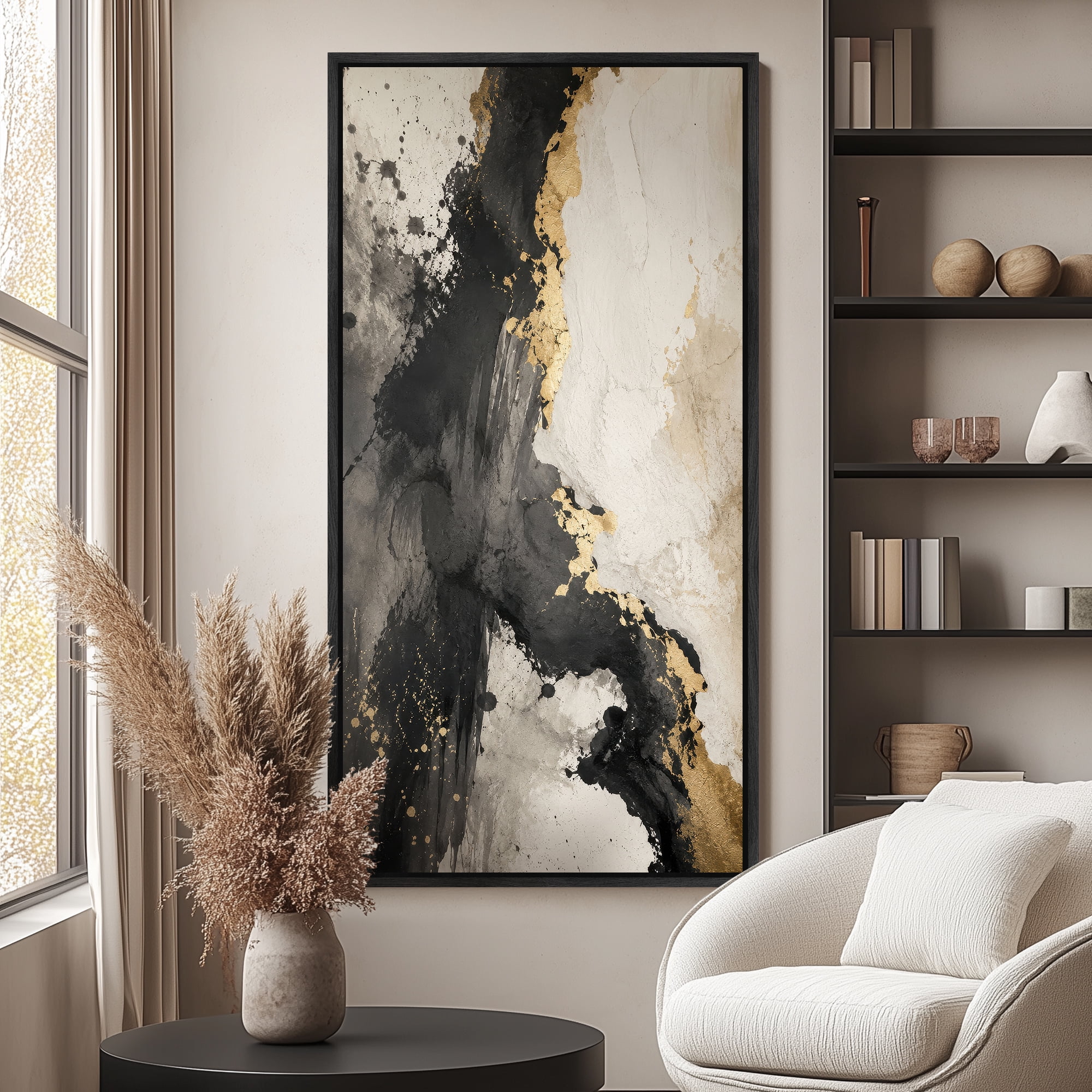 Large Framed Canvas Wall Art Black White Gold Abstract Print for Living ...