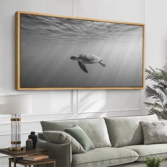 Large Framed Canvas Wall Art Black White Sea Turtle Print for Living Room Decoration - 60"x30" Natural Frame