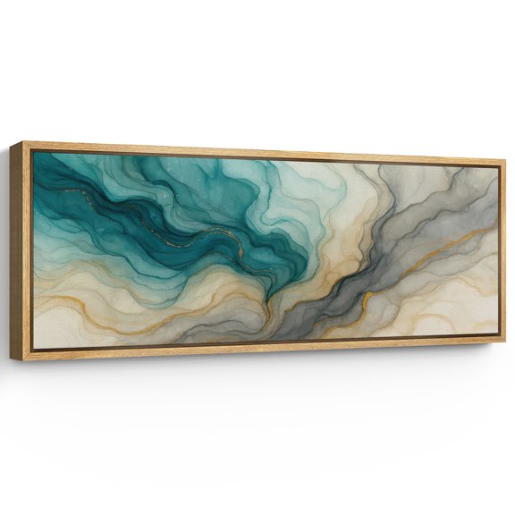 Large Framed Canvas Wall Art Blue Abstract Waves Print for Modern Living Room Decoration - 60"x20" Natural Framed