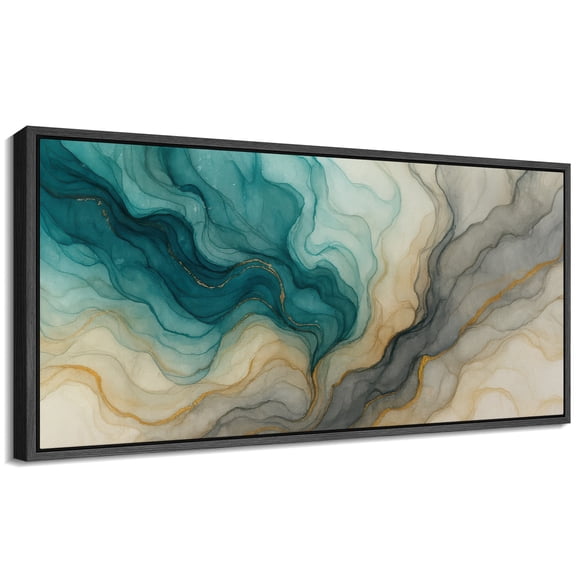 Large Framed Canvas Wall Art Blue Abstract Waves Print for Modern Living Room Decoration - 60"x30" Black Framed