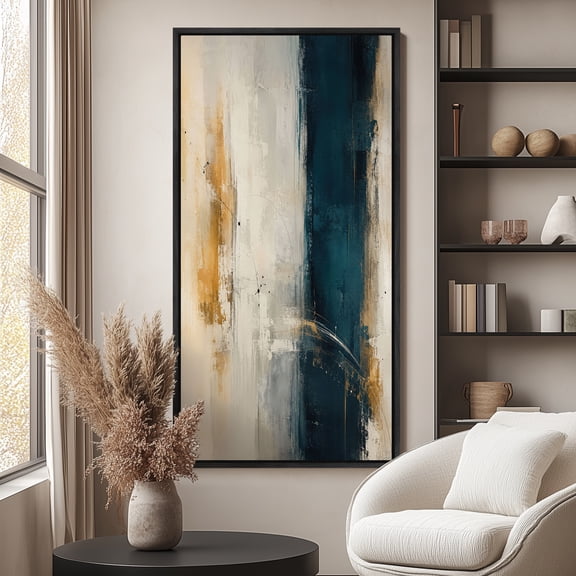 Large Framed Canvas Wall Art Blue Gold Vertical Abstract Print for Living Room Decoration - 60"x30" Black Frame