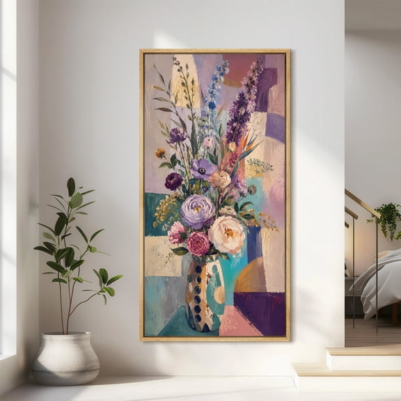 Large Framed Canvas Wall Art Colorful Floral Bouquet In Modern Abstract Vase Print for Living Room Decoration - 60"x30" Natural Frame