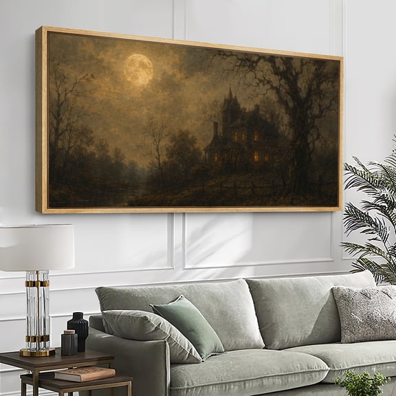 Large Framed Canvas Wall Art Dark Gothic Haunted Mansion Print for Living Room Decoration - 60"x30" Natural Frame