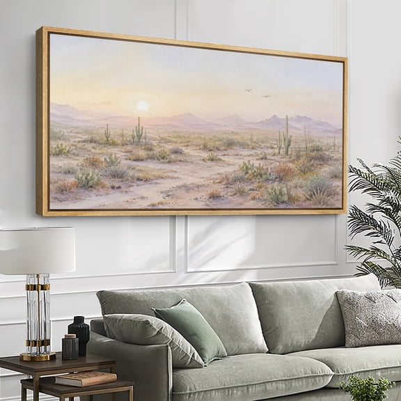 Large Framed Canvas Wall Art Desert Landscape With Cactus Plants And Mountain Print for Living Room Decoration - 60"x30" Natural Frame