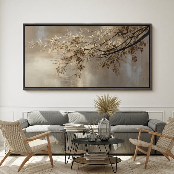 Large Framed Canvas Wall Art Golden Brown Tree Branch Landscape Print for Living Room Decoration - 60"x30" Black Frame