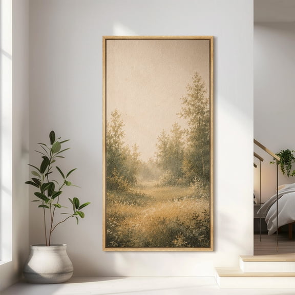 Large Framed Canvas Wall Art Golden Meadow Forest Path Print for Living Room Decoration - 60"x30" Natural Frame