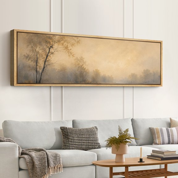 Large Framed Canvas Wall Art Golden Misty Lake Landscape With Trees Print for Living Room Decoration - 60"x20" Natural Frame