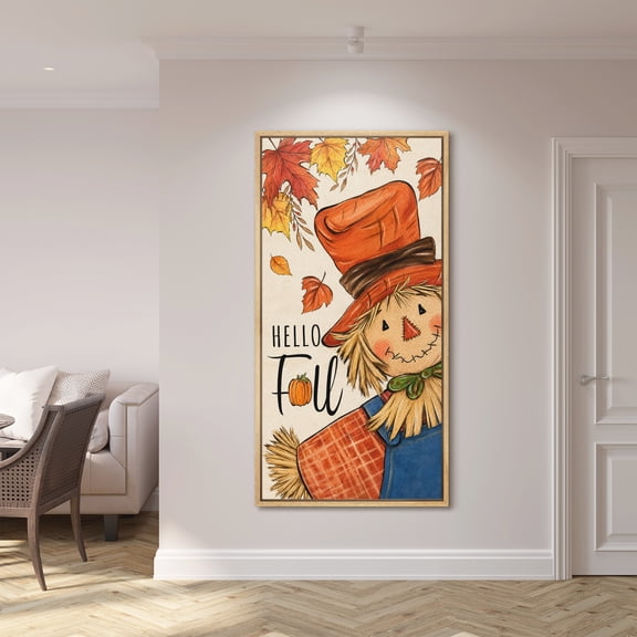Large Framed Canvas Wall Art Hello Fall Scarecrow Maple Leaf Pumpkin Print for Living Room Decoration - 60"x30" Natural Frame