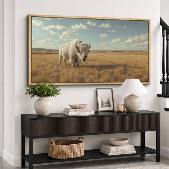Large Framed Canvas Wall Art Highland Bison Prairie Landscape Print for Living Room Decoration - 60"x30" Natural Frame