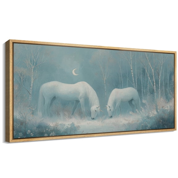 Large Framed Canvas Wall Art Horses Under Moon Print for Dreamy Girly Room Decoration - 60"x30" Natural Framed