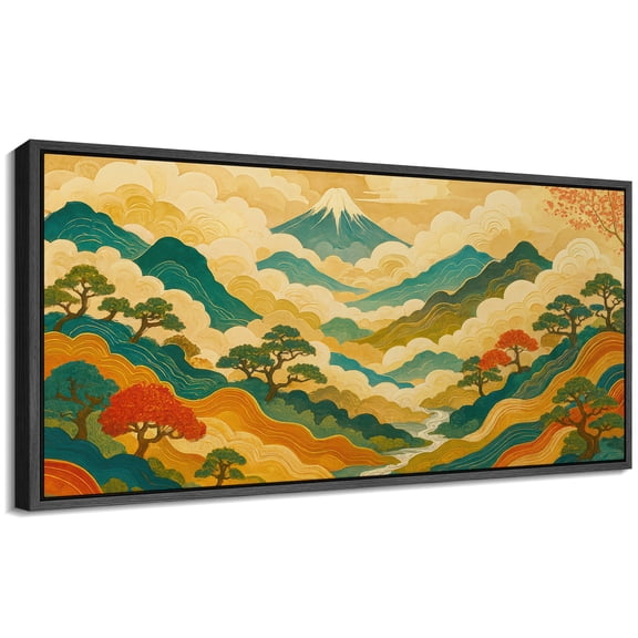 Large Framed Canvas Wall Art Japanese Style Abstract Mountains Landscape Print for Living Room Decoration - 60"x30" Black Framed
