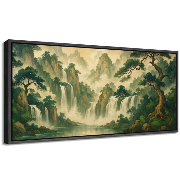 Large Framed Canvas Wall Art Japanese Waterfall Landscape Print for Japandi Living Room Decoration - 60"x30" Black Framed