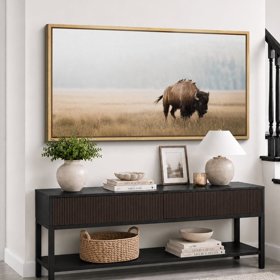 Large Framed Canvas Wall Art Lone Bison Misty Prairie Print for Living Room Decoration - 60"x30" Natural Frame