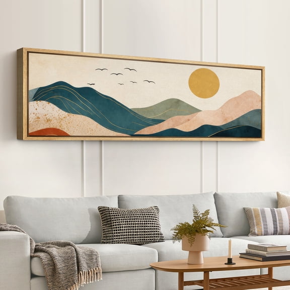 Large Framed Canvas Wall Art Mid Century Modern Abstract Mountain Landscape Print for Boho Decoration - 60"x20" Natural Frame