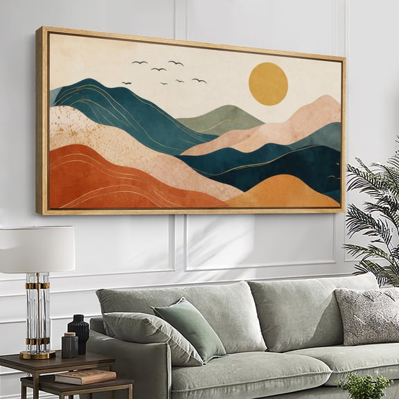 Large Framed Canvas Wall Art Mid Century Modern Abstract Mountain Landscape Print for Boho Decoration - 60"x30" Natural Frame