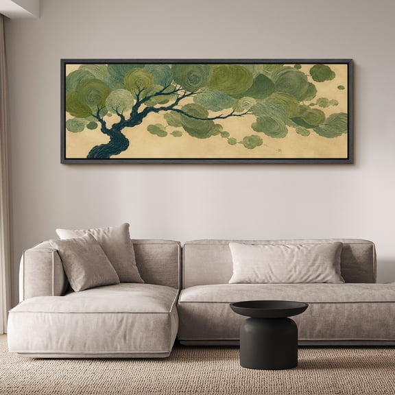 Large Framed Canvas Wall Art Minimalist Green Pine Tree Branch Landscape Print for Living Room Decoration - 60"x20" Black Frame