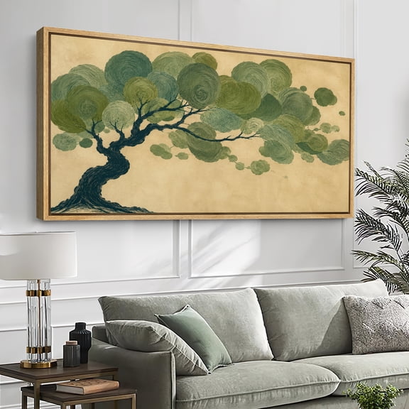 Large Framed Canvas Wall Art Minimalist Green Pine Tree Branch Landscape Print for Living Room Decoration - 60"x30" Natural Frame