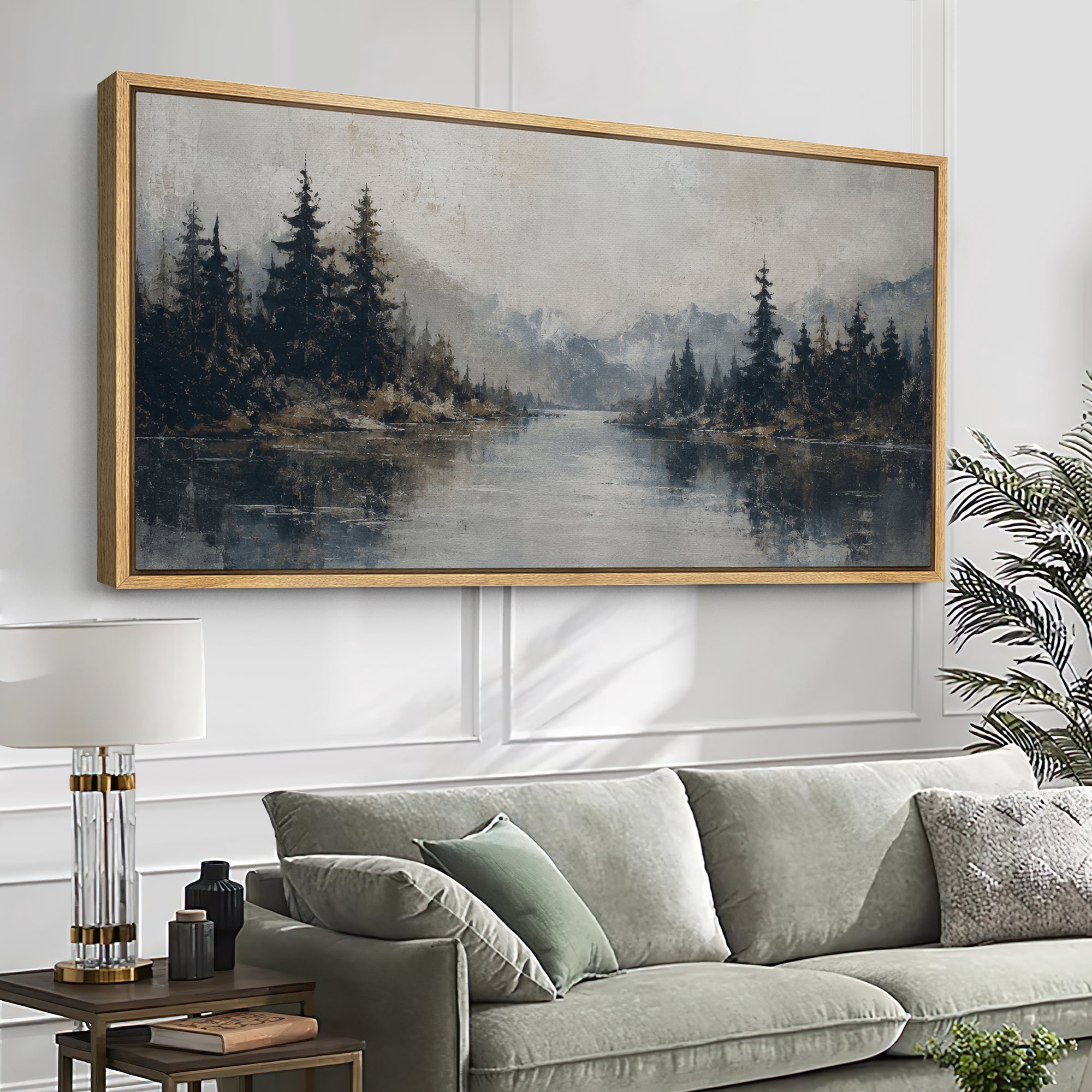 Large Framed Canvas Wall Art Misty Forest Lake Mountain Print for ...