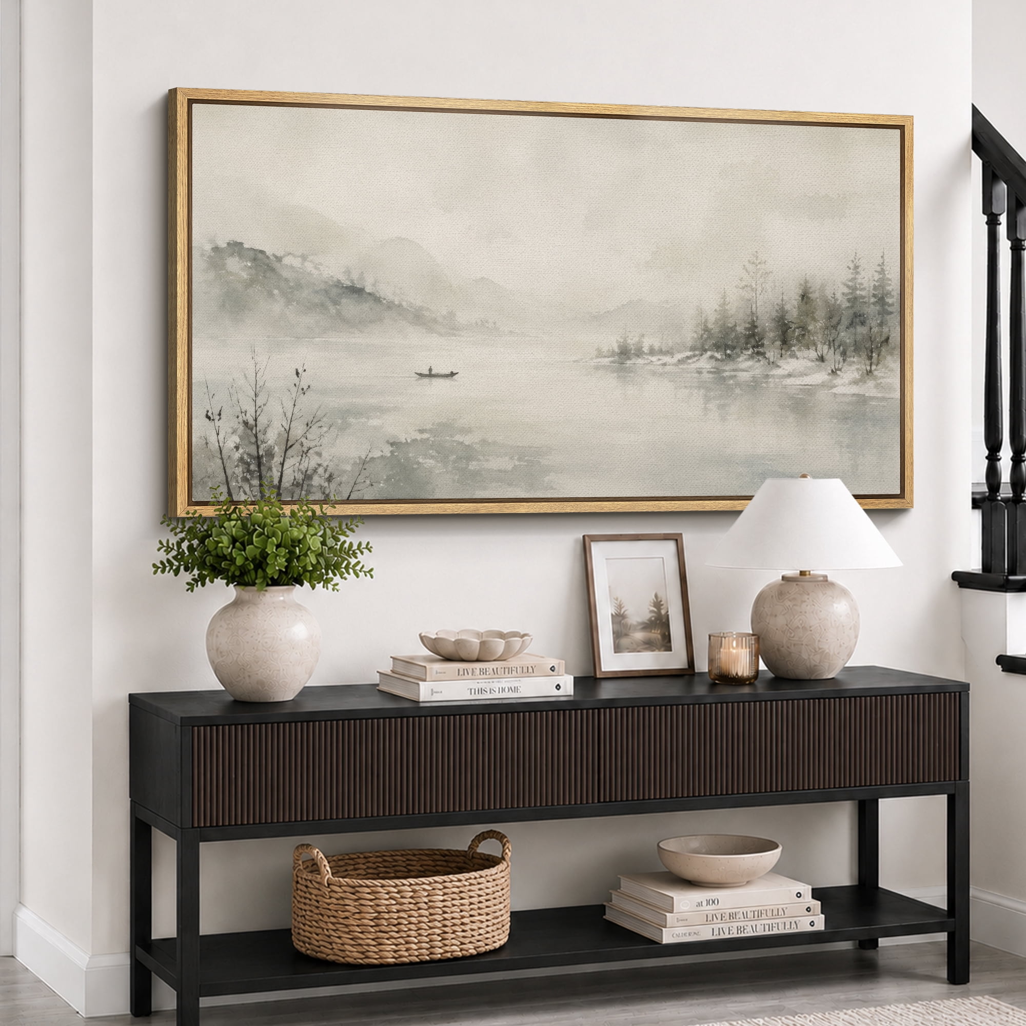 Large Framed Canvas Wall Art Misty Lake Mountain Landscape Print for ...