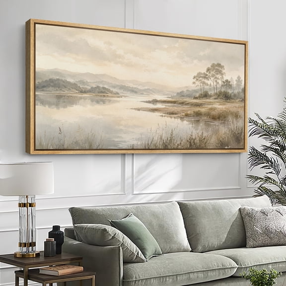 Large Framed Canvas Wall Art Misty River Landscape With Trees Print for Living Room Decoration - 60"x30" Natural Frame