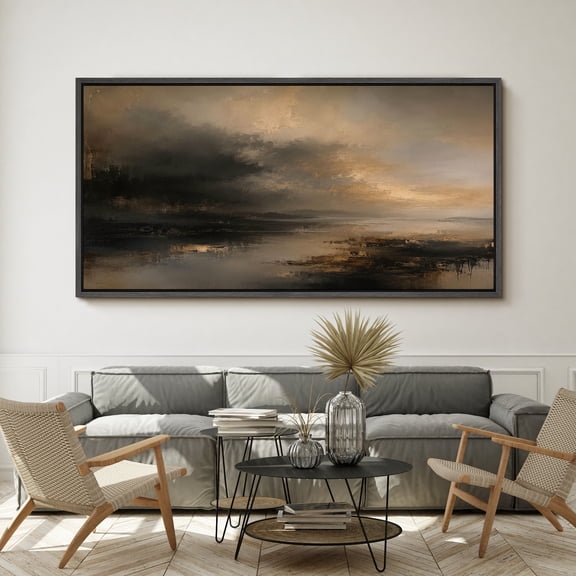 Large Framed Canvas Wall Art Moody Abstract Waterscape Print for Living Room Decoration - 60"x30" Black Frame