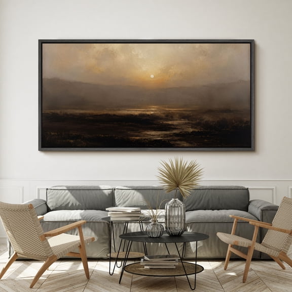 Large Framed Canvas Wall Art Moody Sunset Mountain Landscape Print for Living Room Decoration - 60"x30" Black Frame