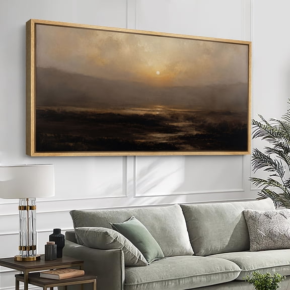 Large Framed Canvas Wall Art Moody Sunset Mountain Landscape Print for Living Room Decoration - 60"x30" Natural Frame