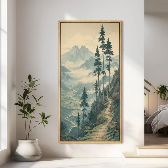 Large Framed Canvas Wall Art Mountain Valley Landscape With Pine Trees Print for Living Room Decoration - 60"x30" Natural Frame